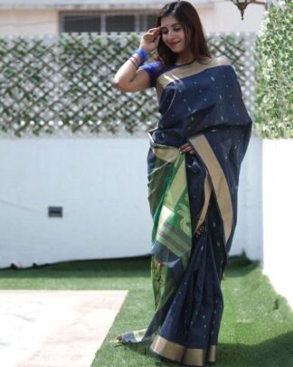 Navy Wedding Wear Linen Saree
