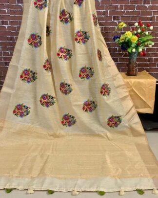 Yellow Kashmiri Work Linen Saree