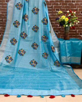 Sky Blue Kashmiri Work Linen Saree