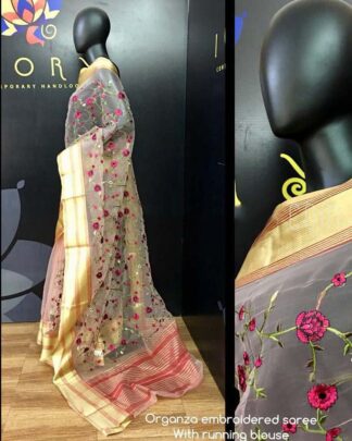 Beige Kashmiri Embroidery Organza Silk Saree