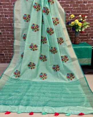 Light Blue Kashmiri Work Linen Saree