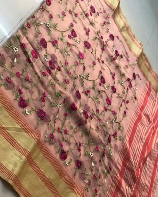 Pink Kashmiri Embroidery Organza Silk Saree