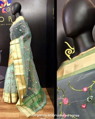 Light Green Kashmiri Embroidery Organza Silk Saree