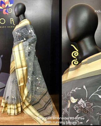 Gray Kashmiri Embroidery Organza Silk Saree