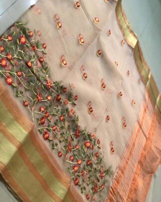 Light Orange Kashmiri Embroidery Organza Silk Saree