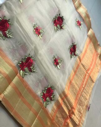 Gray Kashmiri Embroidery Organza Silk Saree