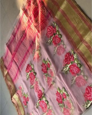 Pink Kashmiri Embroidery Organza Silk Saree