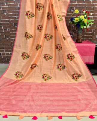 Peach Wedding Wear Linen Kashmiri Work Saree