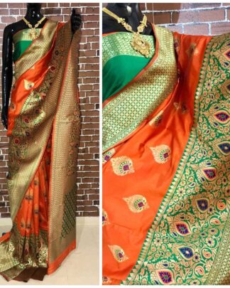 Orange Wedding Wear Banarasi Silk Saree