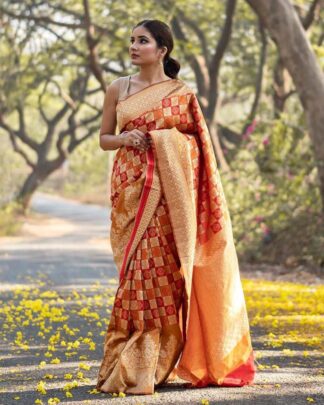 Orange Wedding Wear Banarasi Silk Saree
