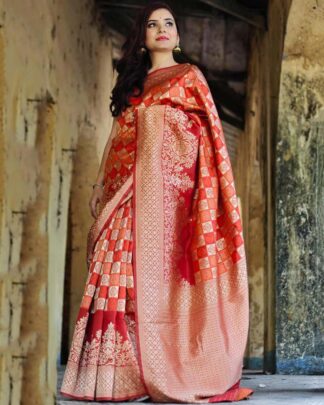 Peach Wedding Wear Banarasi Silk Saree