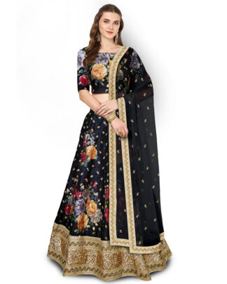 Artistic Digital Print, Embroidered Black Lehenga Choli