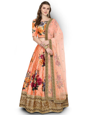 Staggering Digital Print, Embroidered Peach Lehenga Choli