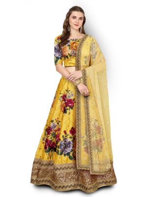 Mod Digital Print, Embroidered Yellow Lehenga Choli