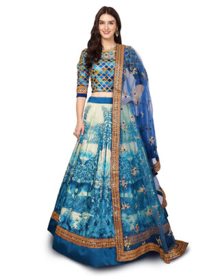 Voguish Digital Print, Embroidered, Hand-work Blue Lehenga Choli