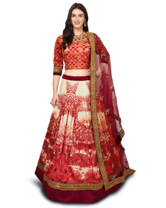 Attractive Digital Print, Embroidered, Hand-work Red Lehenga Choli