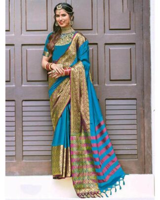Sky Blue Pure Silk Cotton Saree