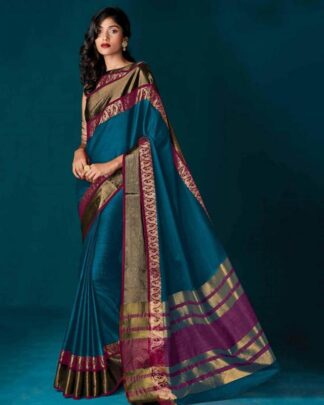 Teal Blue Pure Cotton Silk Saree